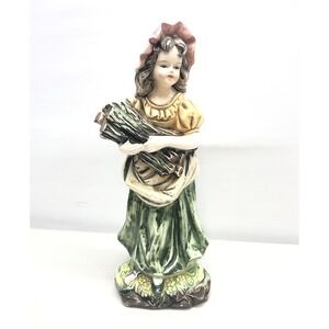 Vintage Pacific Japan Girl w/Wood Figurine Porcelain Green Dress Red Bonnet‎